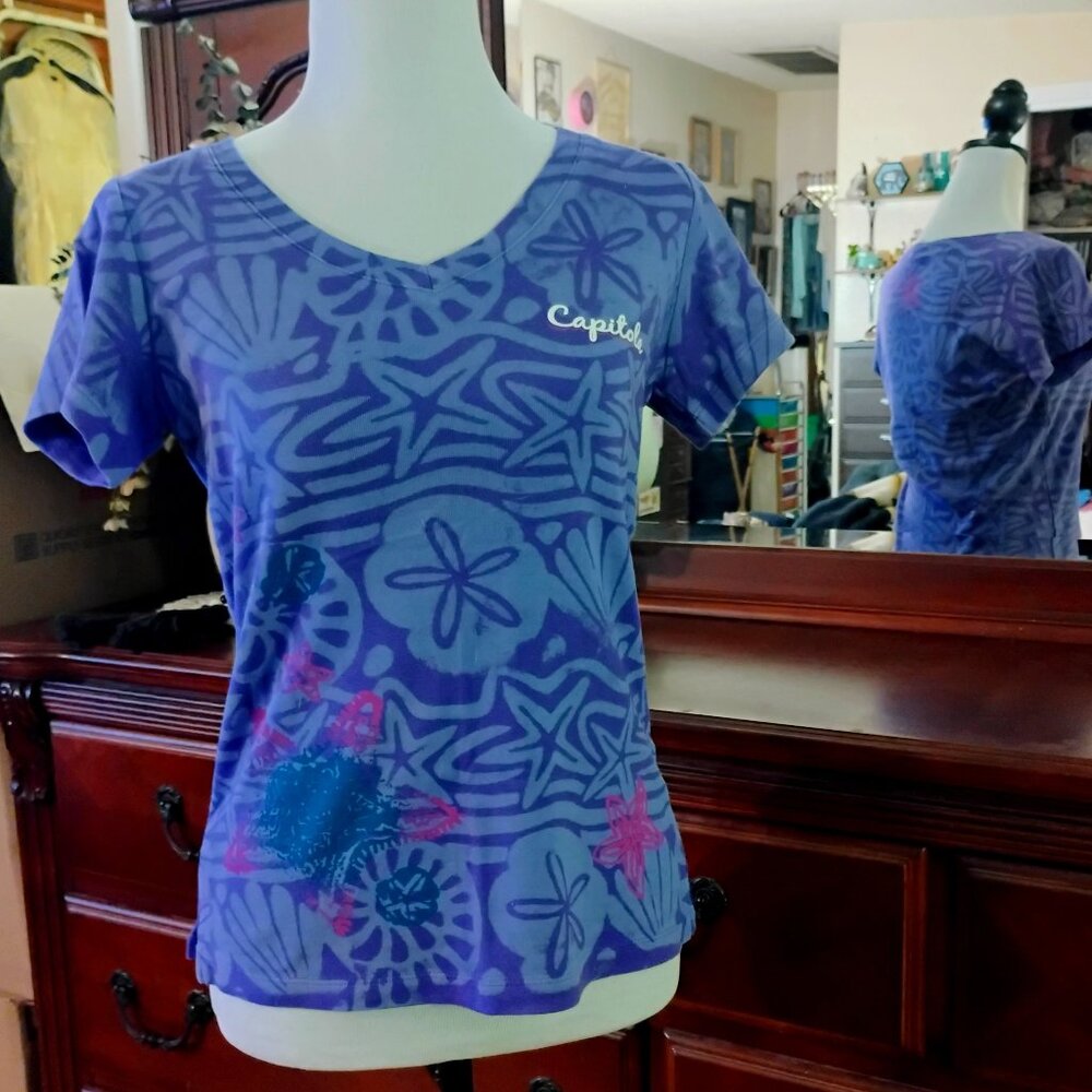 Purple Short Sleeve Tees with Ocean Floral Print